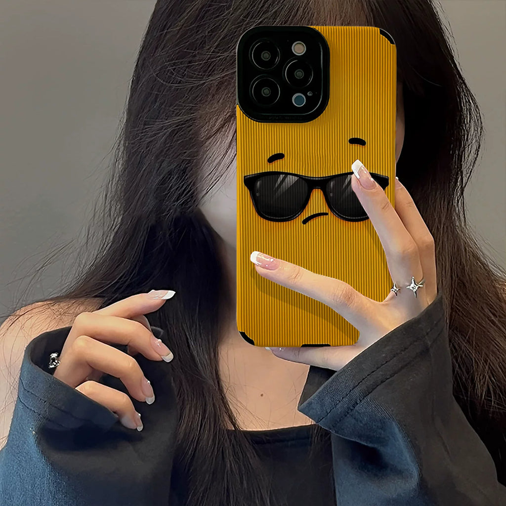 Apple 17pmx phone case, yellow background, sunglasses, cool expression