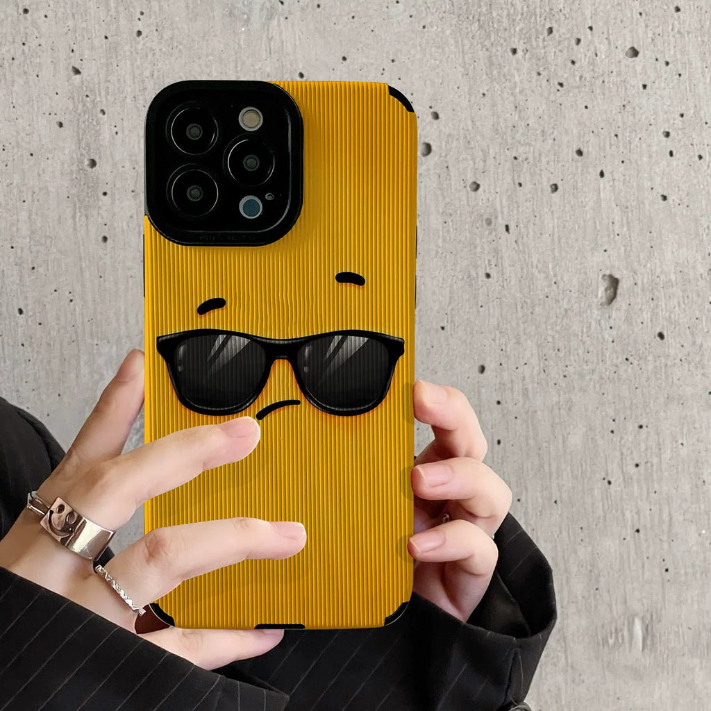 Apple 17pmx phone case, yellow background, sunglasses, cool expression