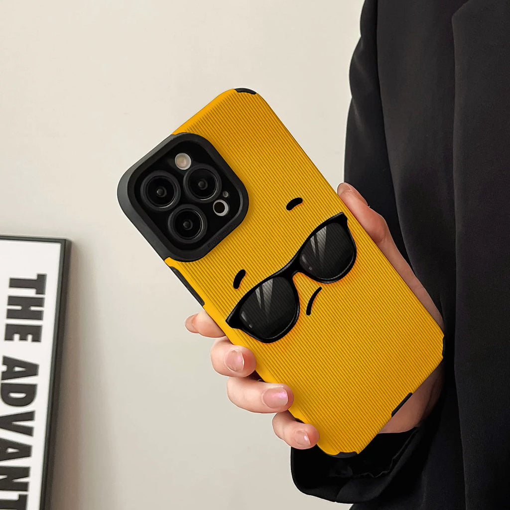 Apple 17pmx phone case, yellow background, sunglasses, cool expression