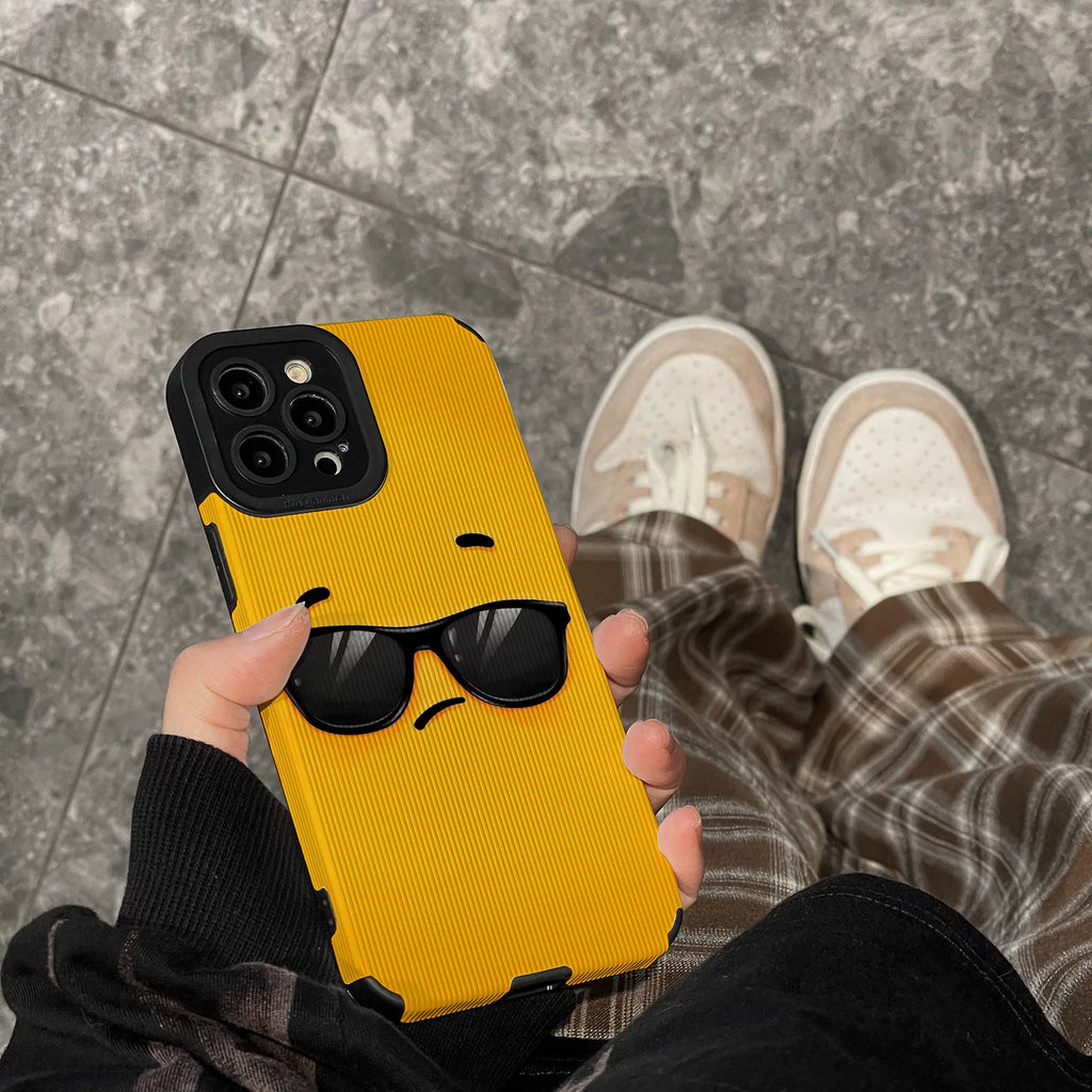 Apple 17pmx phone case, yellow background, sunglasses, cool expression